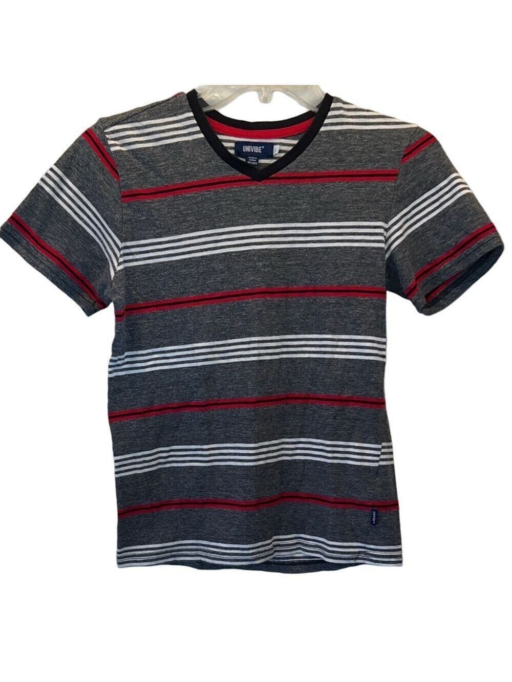 Univibe Gray V-Neck Short Sleeve Tee with Red & White Stripes